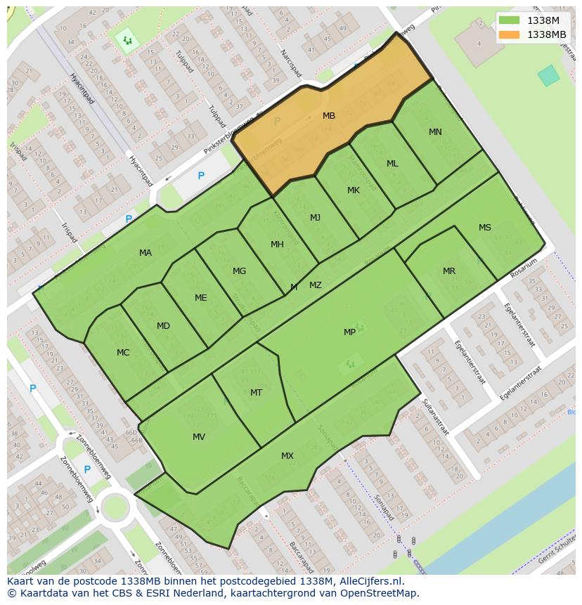 Afbeelding van het postcodegebied 1338 MB op de kaart.