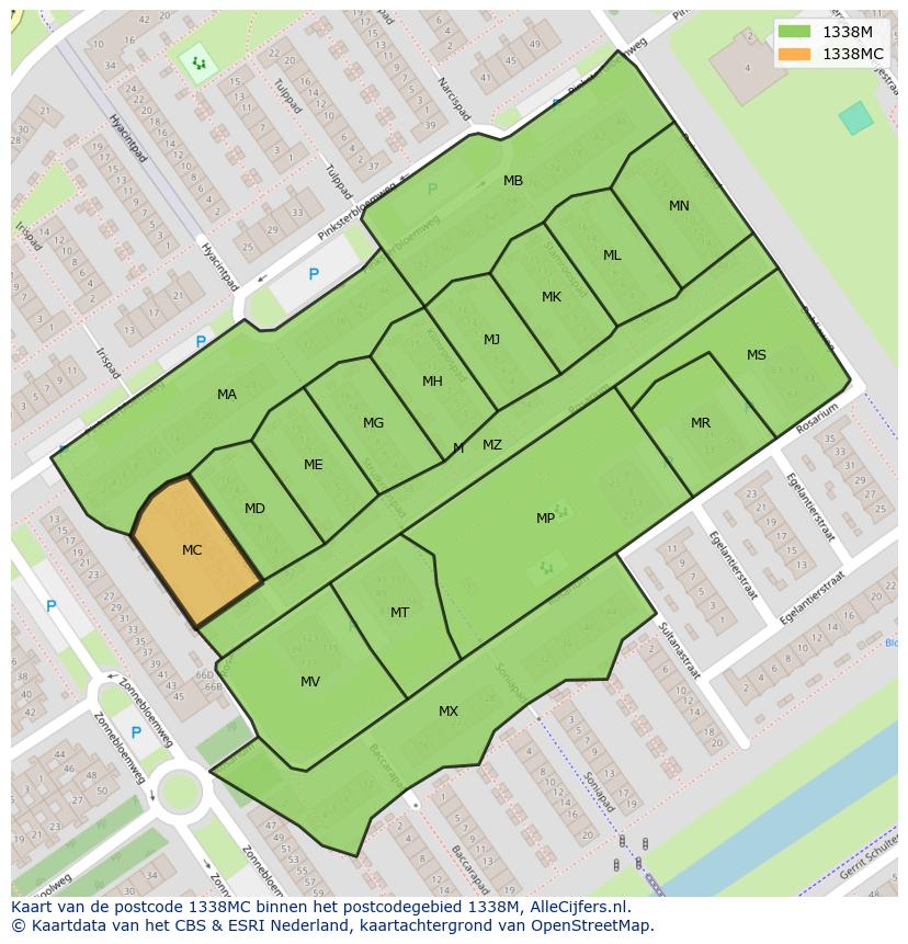 Afbeelding van het postcodegebied 1338 MC op de kaart.
