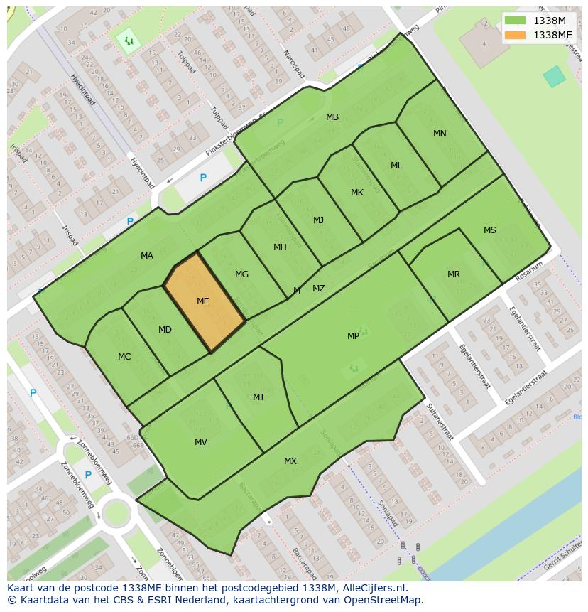 Afbeelding van het postcodegebied 1338 ME op de kaart.