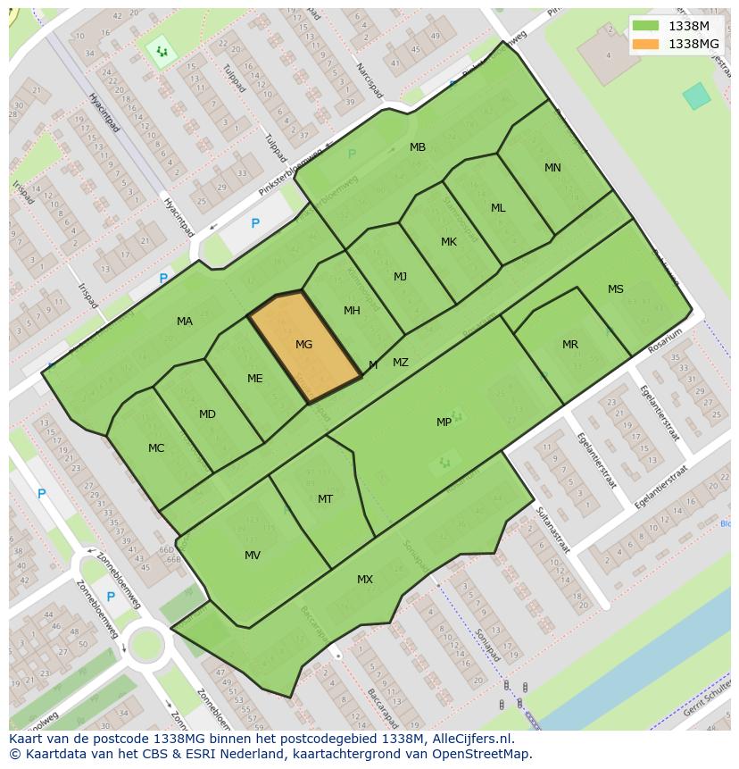Afbeelding van het postcodegebied 1338 MG op de kaart.