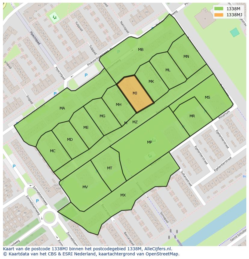 Afbeelding van het postcodegebied 1338 MJ op de kaart.