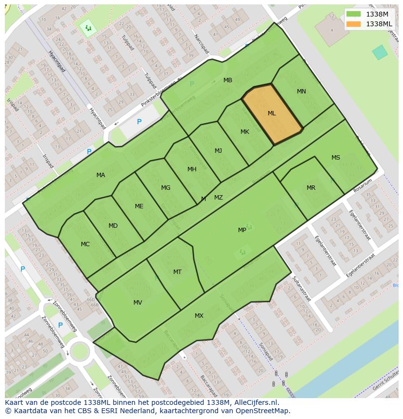 Afbeelding van het postcodegebied 1338 ML op de kaart.