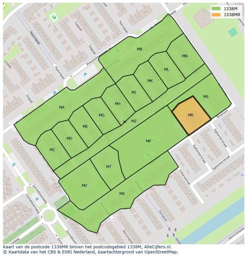 Afbeelding van het postcodegebied 1338 MR op de kaart.