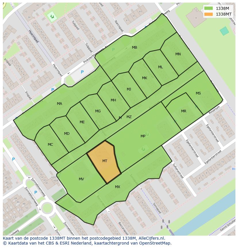 Afbeelding van het postcodegebied 1338 MT op de kaart.