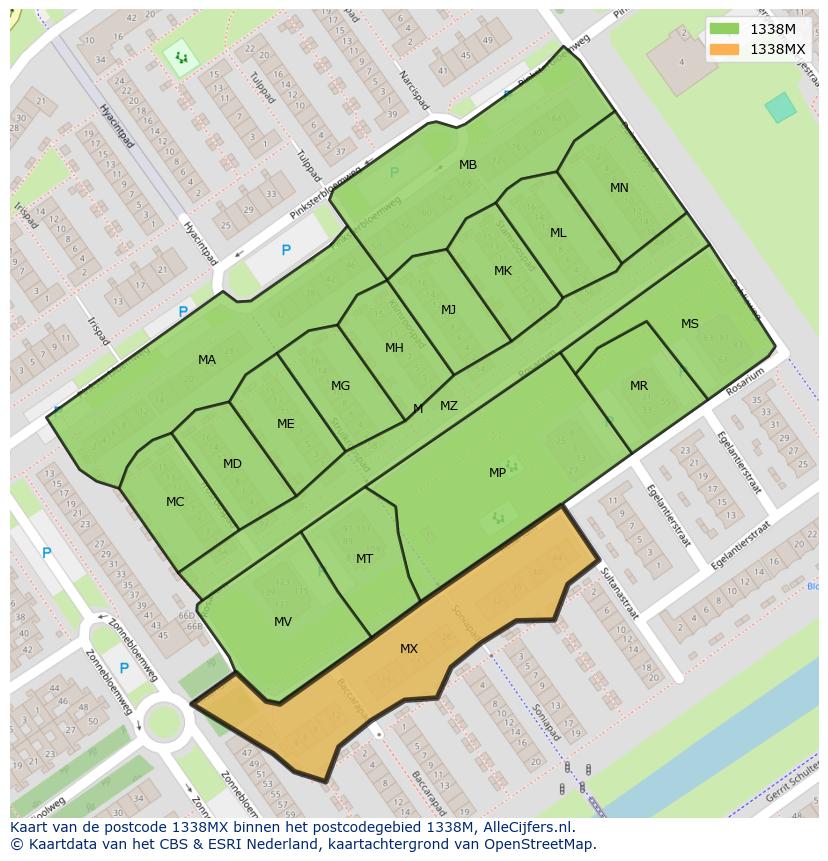 Afbeelding van het postcodegebied 1338 MX op de kaart.