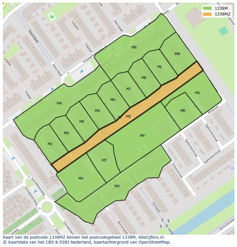 Afbeelding van het postcodegebied 1338 MZ op de kaart.