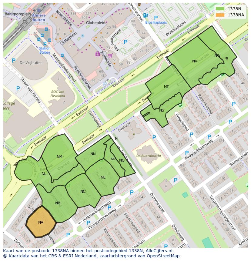 Afbeelding van het postcodegebied 1338 NA op de kaart.
