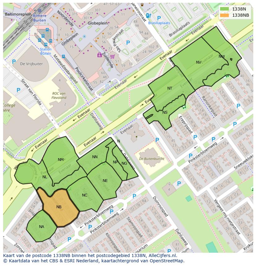Afbeelding van het postcodegebied 1338 NB op de kaart.