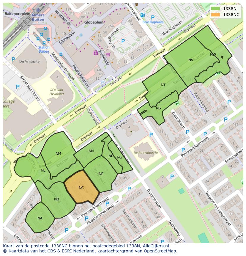 Afbeelding van het postcodegebied 1338 NC op de kaart.