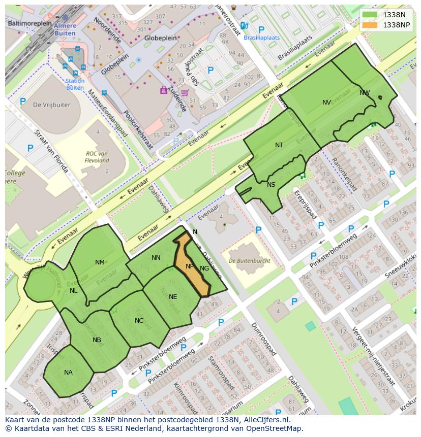 Afbeelding van het postcodegebied 1338 NP op de kaart.