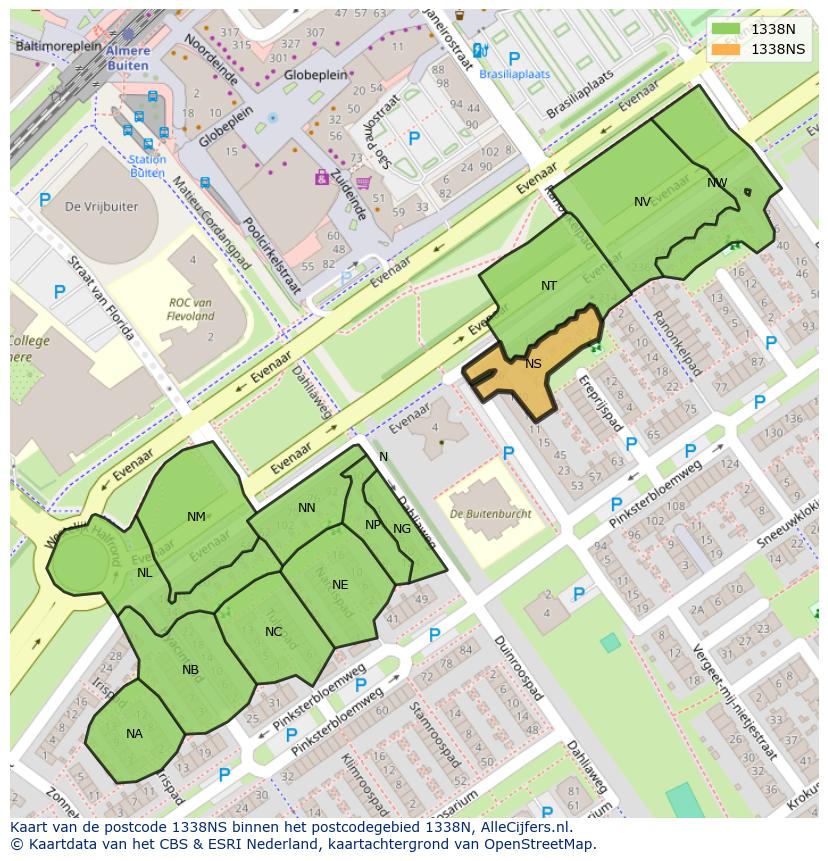 Afbeelding van het postcodegebied 1338 NS op de kaart.