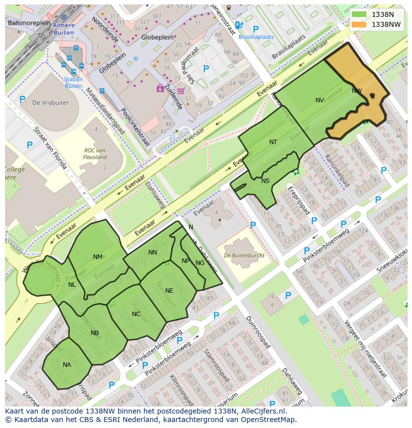 Afbeelding van het postcodegebied 1338 NW op de kaart.