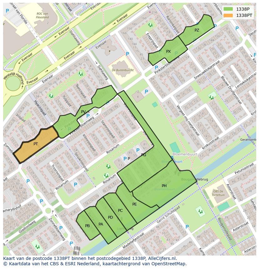 Afbeelding van het postcodegebied 1338 PT op de kaart.