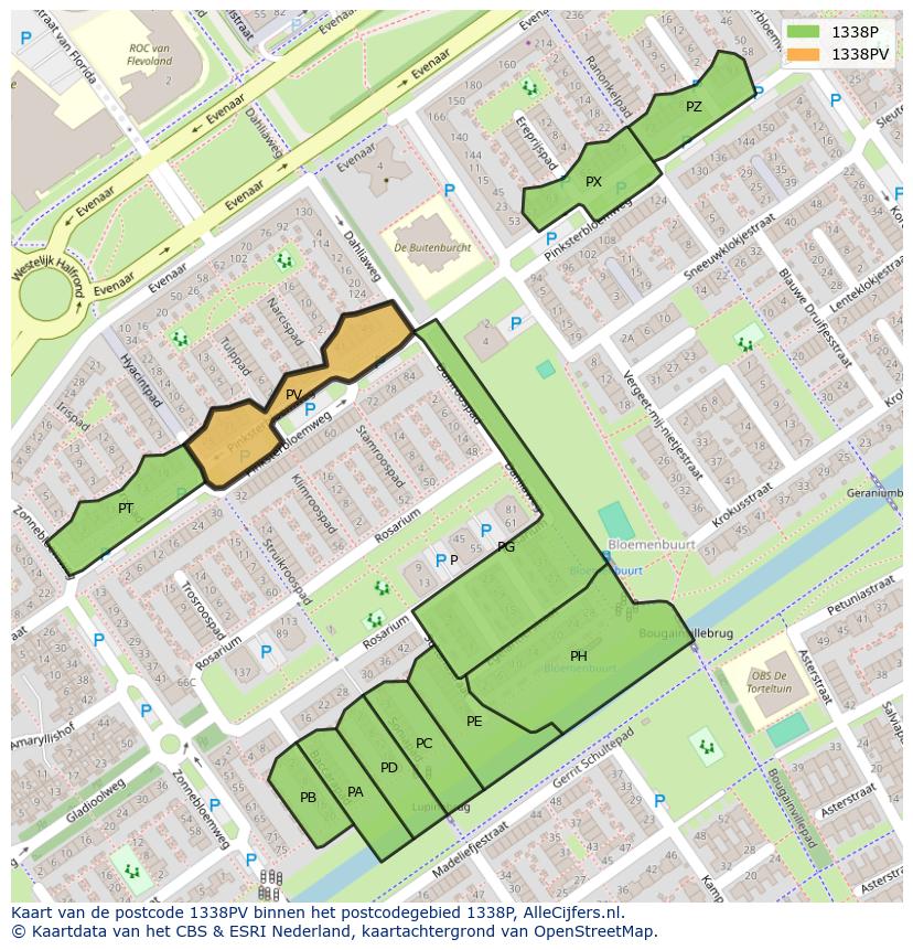 Afbeelding van het postcodegebied 1338 PV op de kaart.
