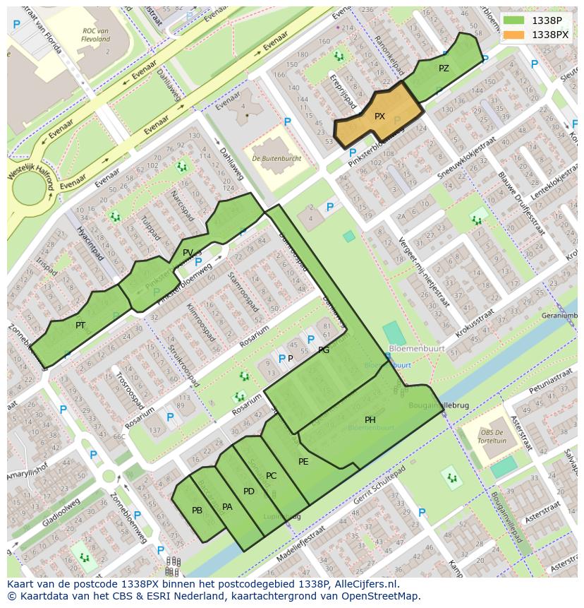 Afbeelding van het postcodegebied 1338 PX op de kaart.