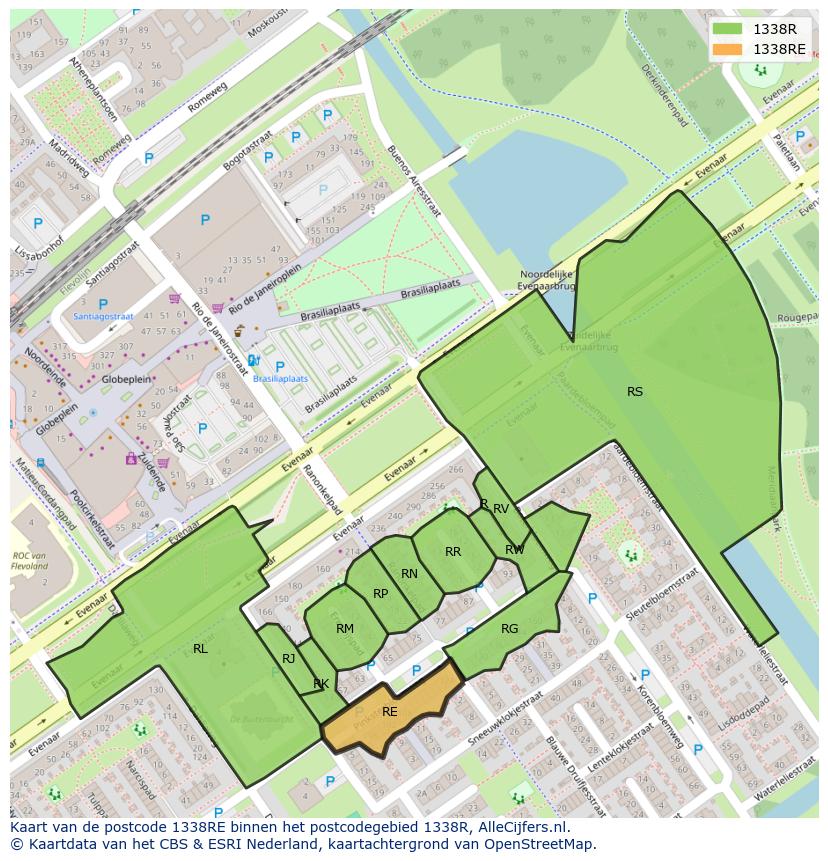Afbeelding van het postcodegebied 1338 RE op de kaart.
