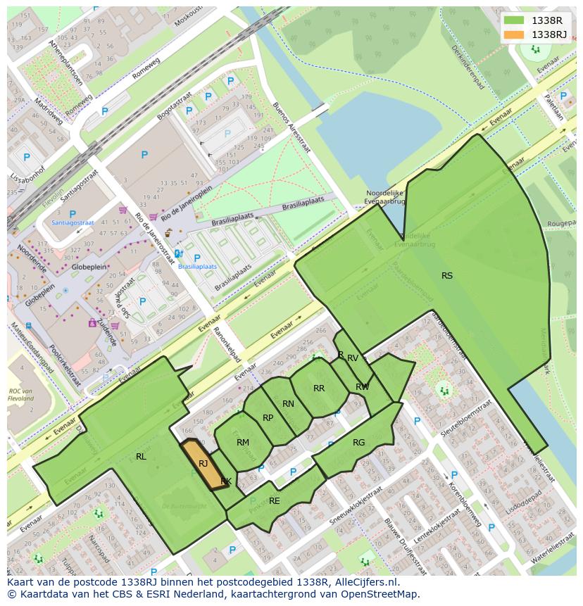 Afbeelding van het postcodegebied 1338 RJ op de kaart.
