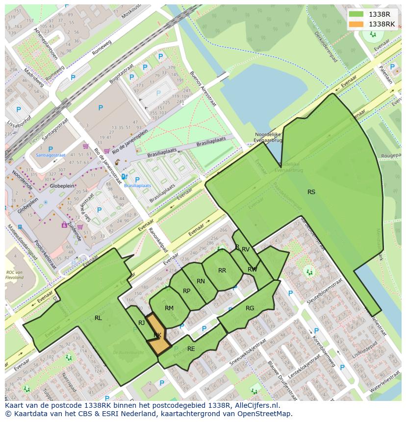 Afbeelding van het postcodegebied 1338 RK op de kaart.