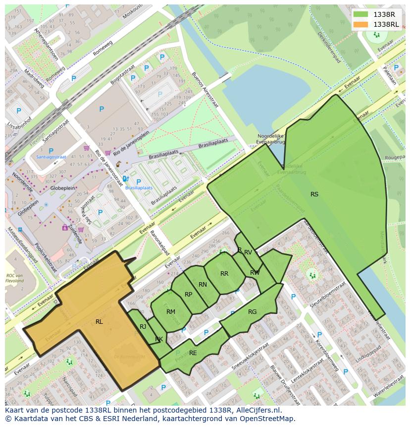 Afbeelding van het postcodegebied 1338 RL op de kaart.