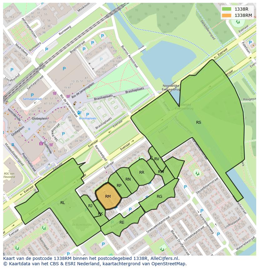 Afbeelding van het postcodegebied 1338 RM op de kaart.