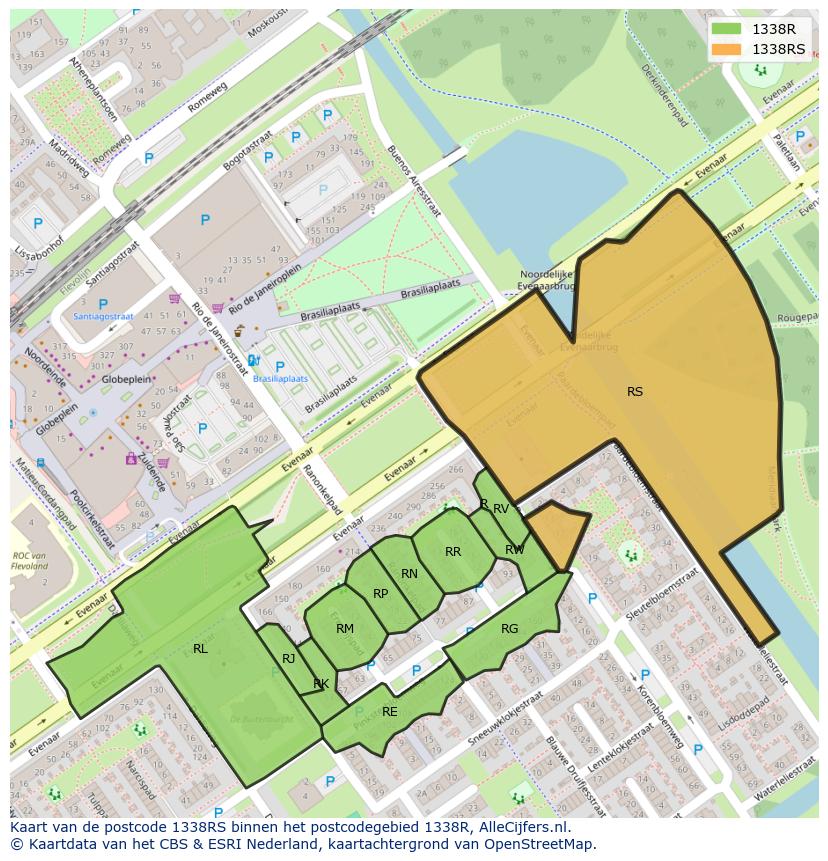Afbeelding van het postcodegebied 1338 RS op de kaart.
