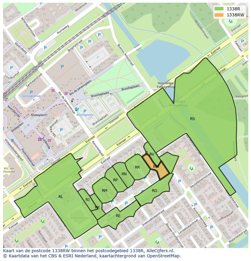 Afbeelding van het postcodegebied 1338 RW op de kaart.