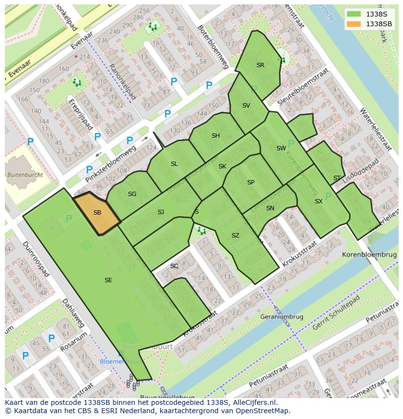 Afbeelding van het postcodegebied 1338 SB op de kaart.