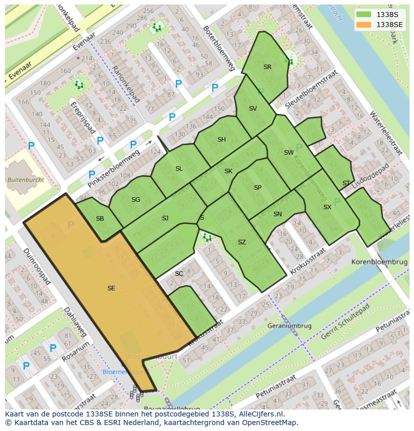 Afbeelding van het postcodegebied 1338 SE op de kaart.