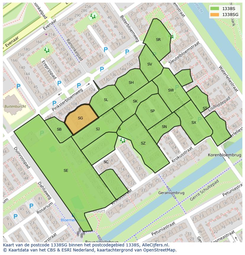 Afbeelding van het postcodegebied 1338 SG op de kaart.