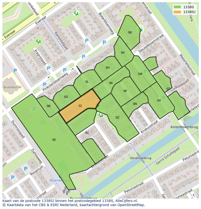 Afbeelding van het postcodegebied 1338 SJ op de kaart.