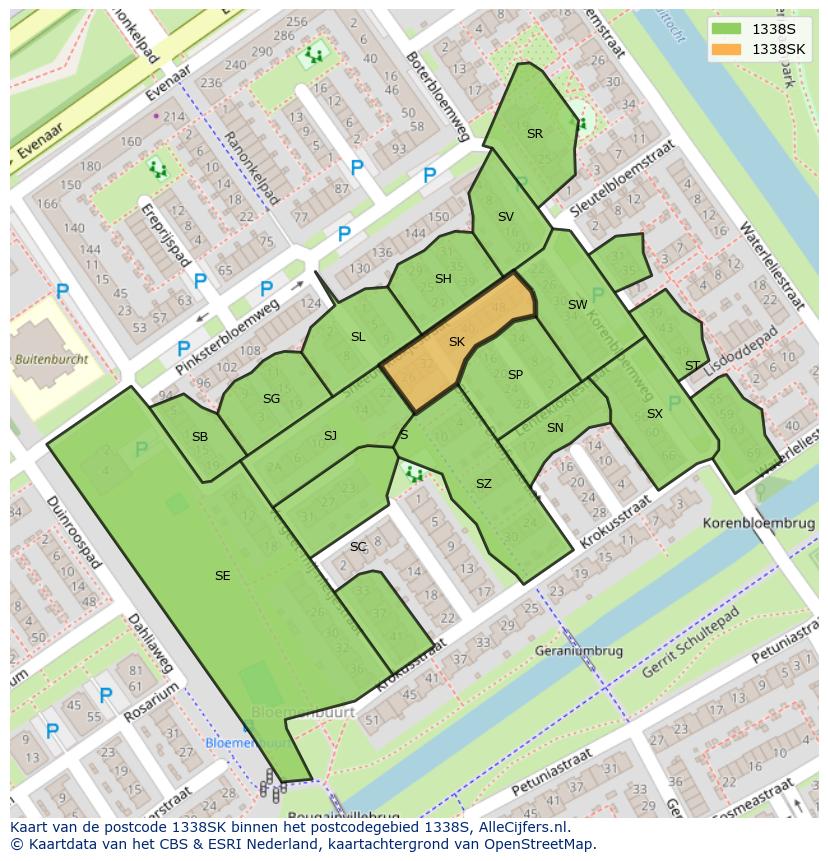 Afbeelding van het postcodegebied 1338 SK op de kaart.