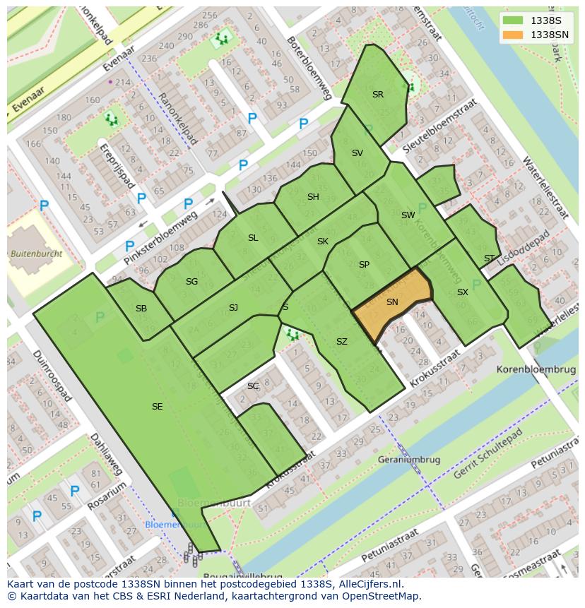 Afbeelding van het postcodegebied 1338 SN op de kaart.