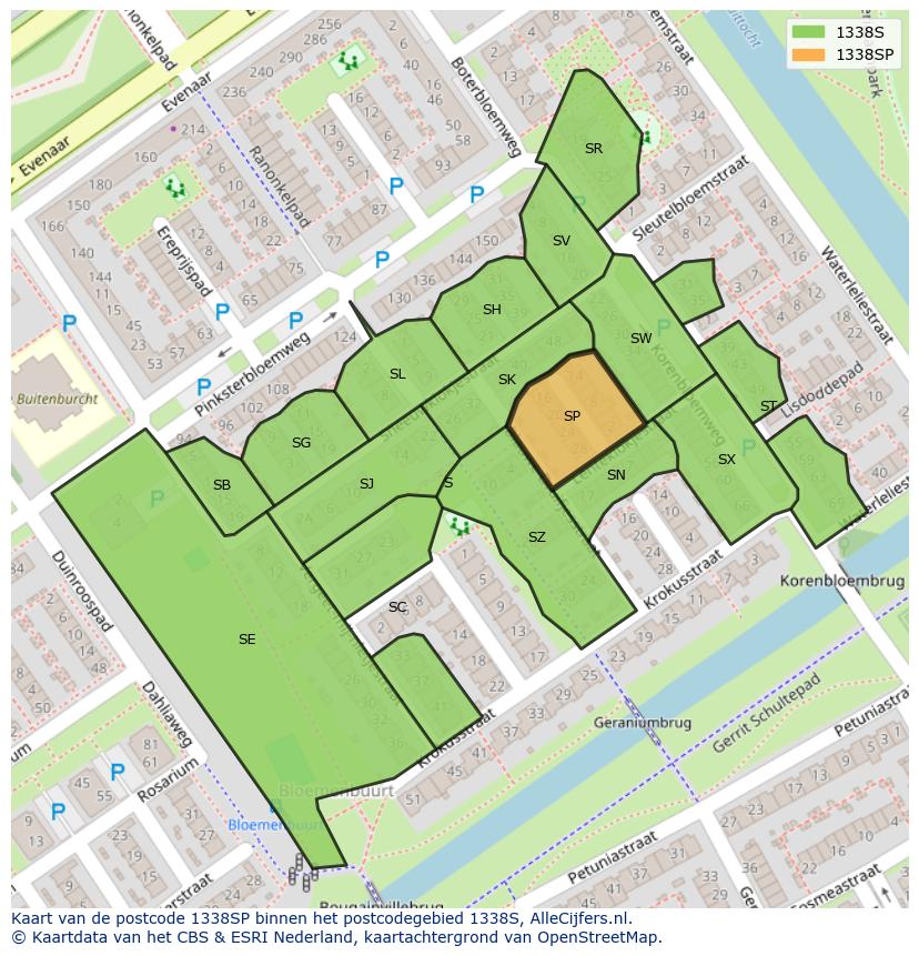 Afbeelding van het postcodegebied 1338 SP op de kaart.