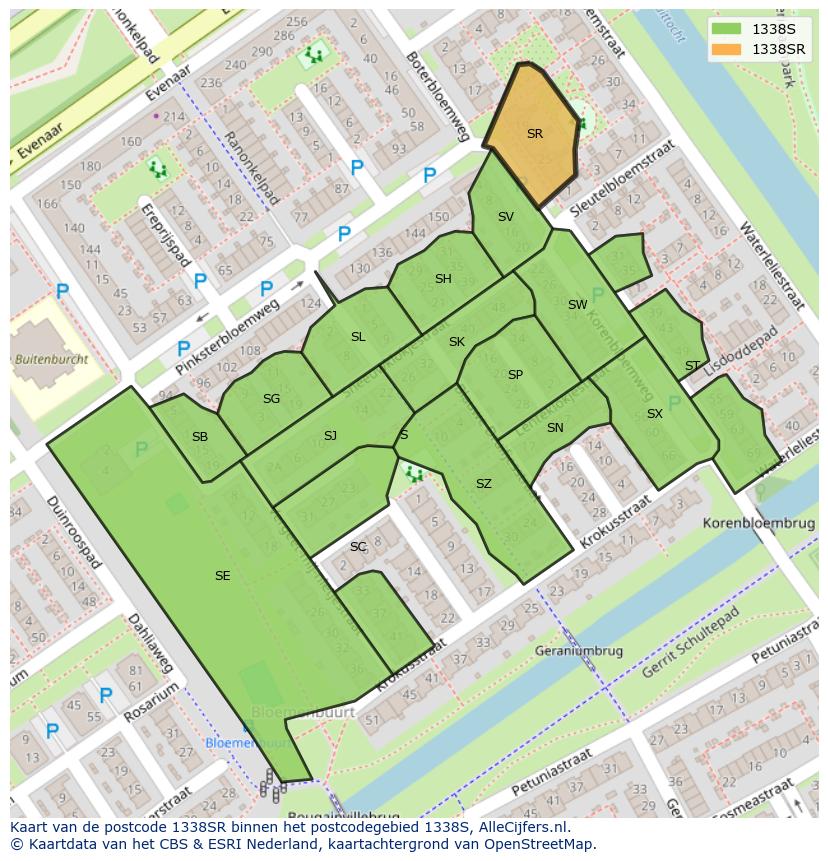 Afbeelding van het postcodegebied 1338 SR op de kaart.