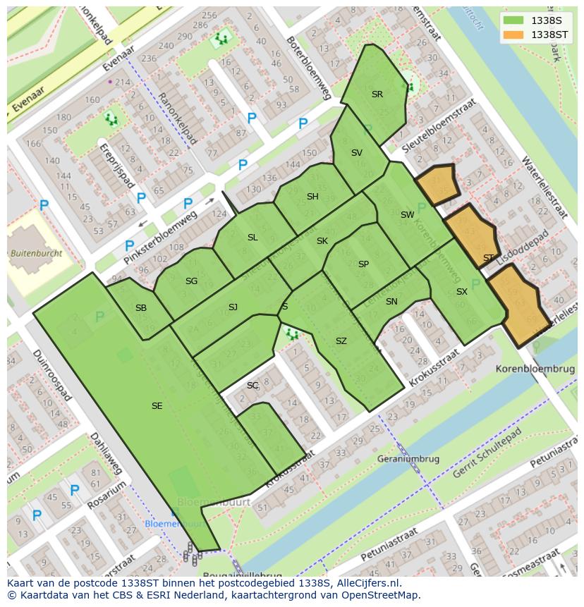 Afbeelding van het postcodegebied 1338 ST op de kaart.