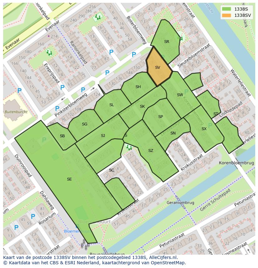 Afbeelding van het postcodegebied 1338 SV op de kaart.