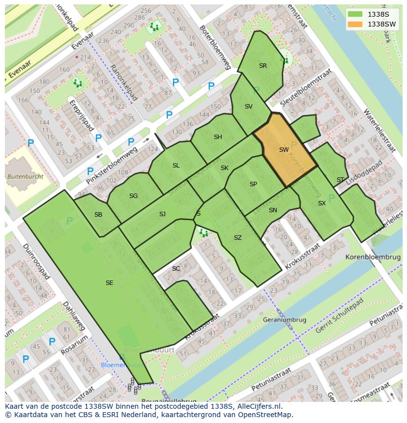 Afbeelding van het postcodegebied 1338 SW op de kaart.