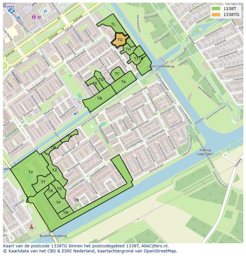 Afbeelding van het postcodegebied 1338 TG op de kaart.