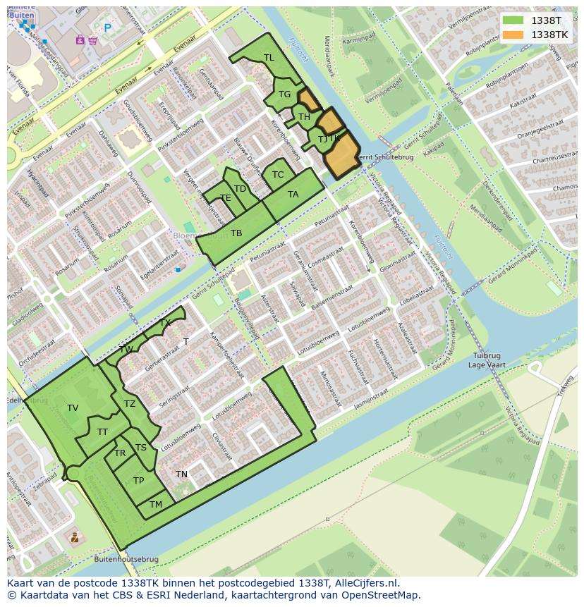 Afbeelding van het postcodegebied 1338 TK op de kaart.
