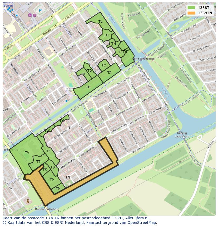 Afbeelding van het postcodegebied 1338 TN op de kaart.