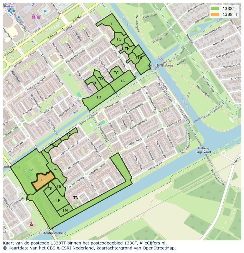Afbeelding van het postcodegebied 1338 TT op de kaart.