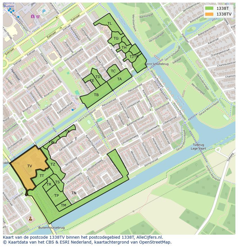 Afbeelding van het postcodegebied 1338 TV op de kaart.