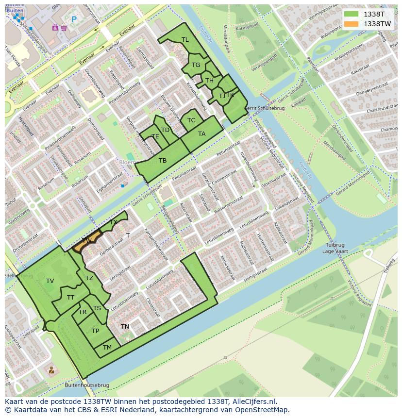 Afbeelding van het postcodegebied 1338 TW op de kaart.