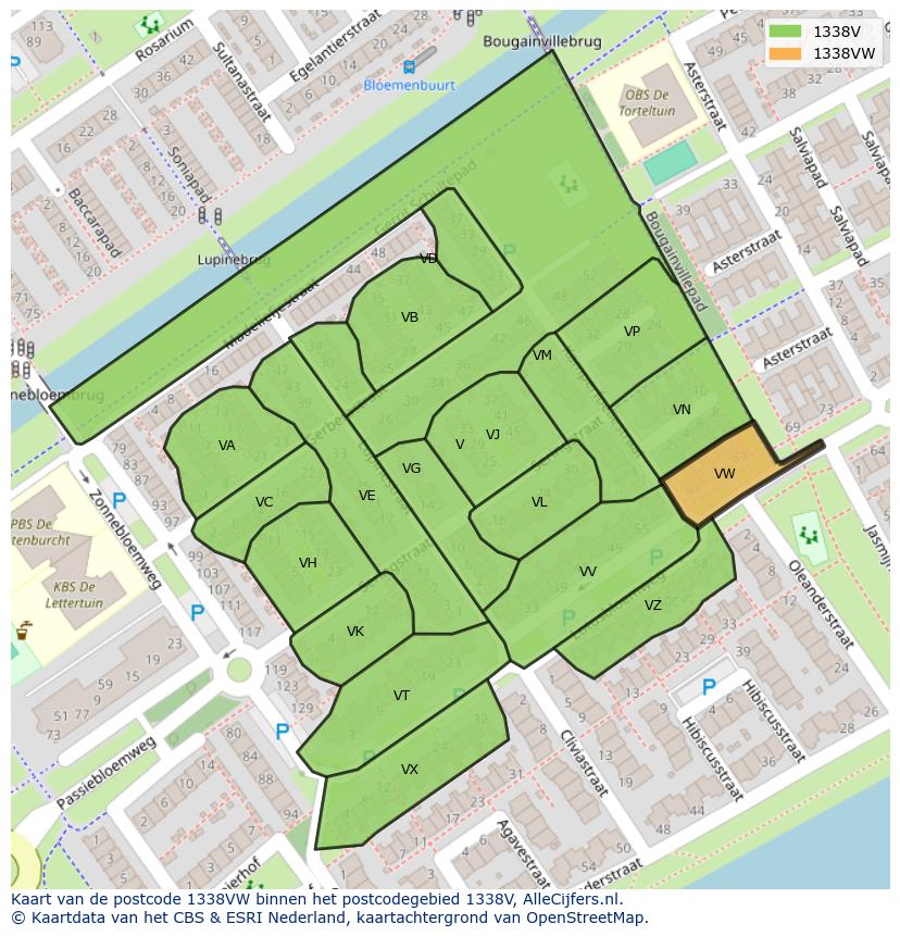 Afbeelding van het postcodegebied 1338 VW op de kaart.