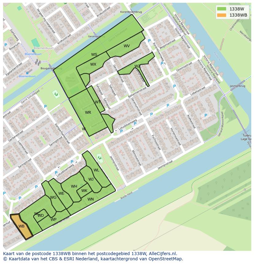 Afbeelding van het postcodegebied 1338 WB op de kaart.