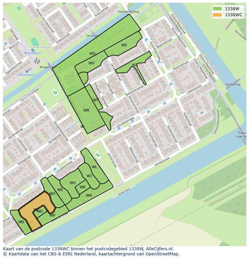 Afbeelding van het postcodegebied 1338 WC op de kaart.