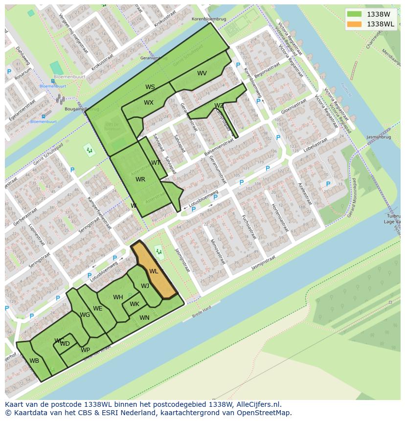 Afbeelding van het postcodegebied 1338 WL op de kaart.