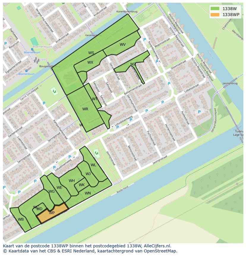 Afbeelding van het postcodegebied 1338 WP op de kaart.