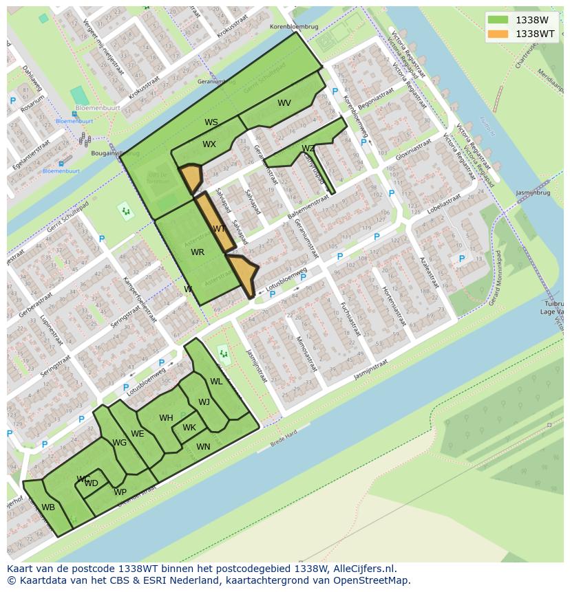 Afbeelding van het postcodegebied 1338 WT op de kaart.