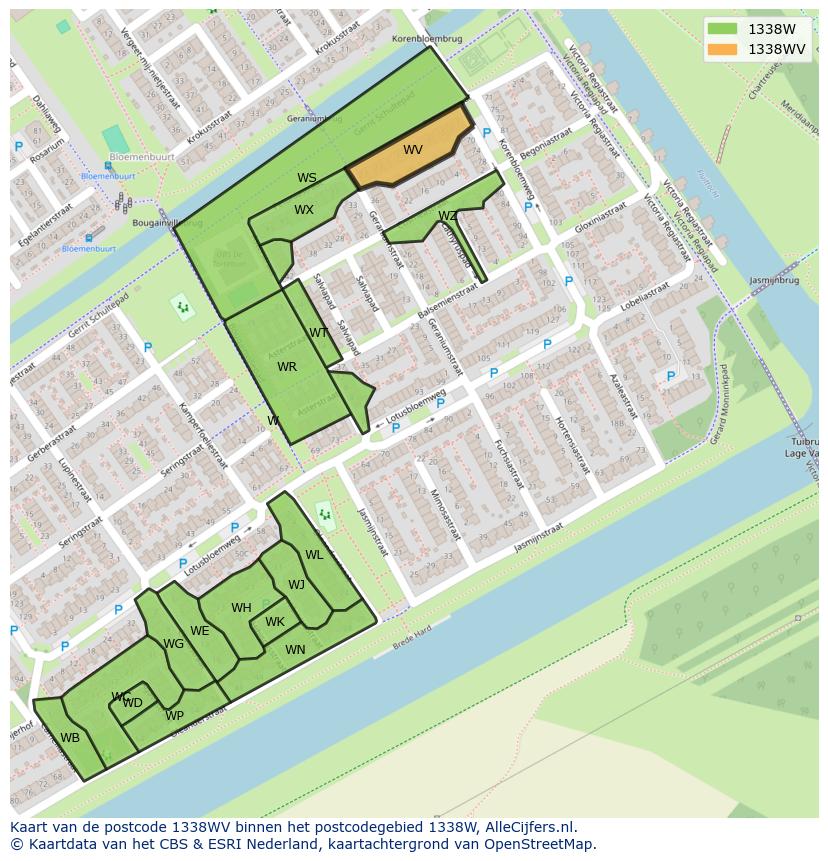 Afbeelding van het postcodegebied 1338 WV op de kaart.
